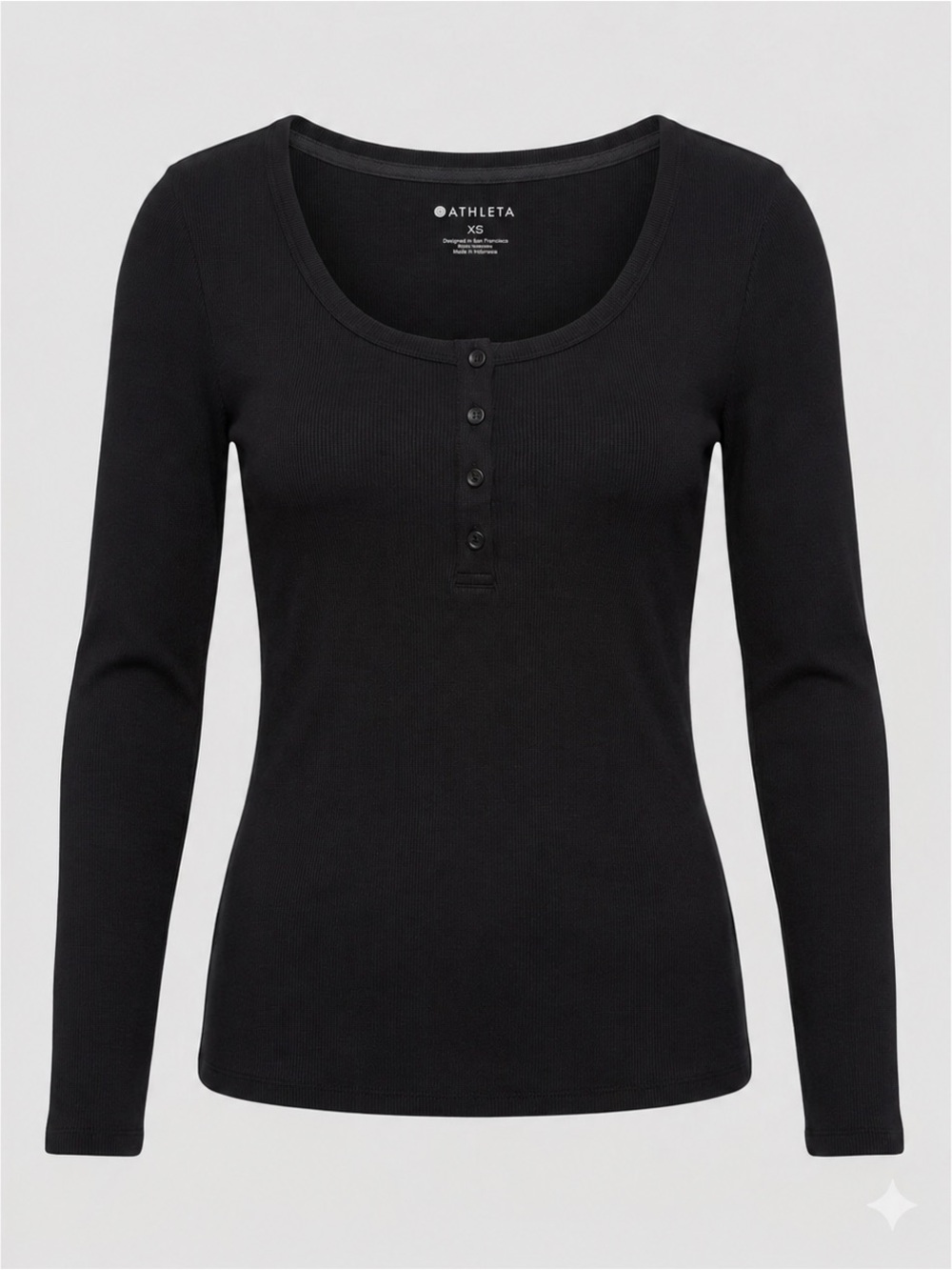Athleta Women’s Black Ribbed Knit Scoop Neck Long Sleeve Henley Top Size XS